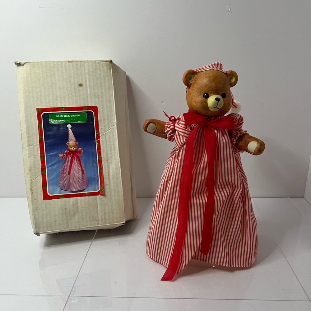Vintage Christmas Bear Tree Topper Red White  Striped Pajamas Around The World